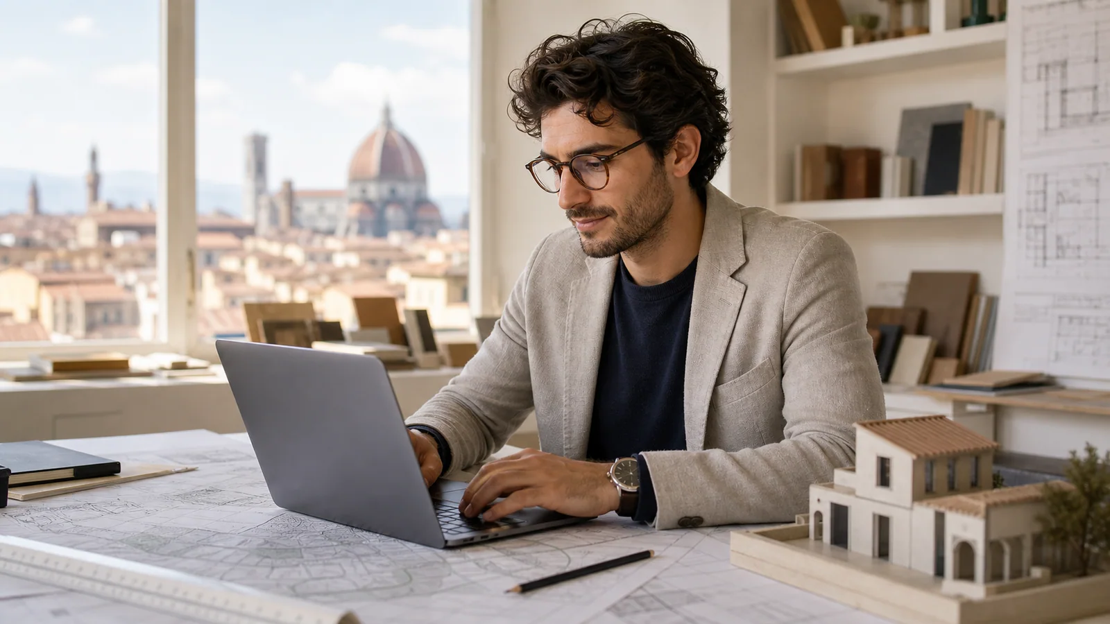 Architetto o geometra con laptop dopo sopralluoghi e cantieri
