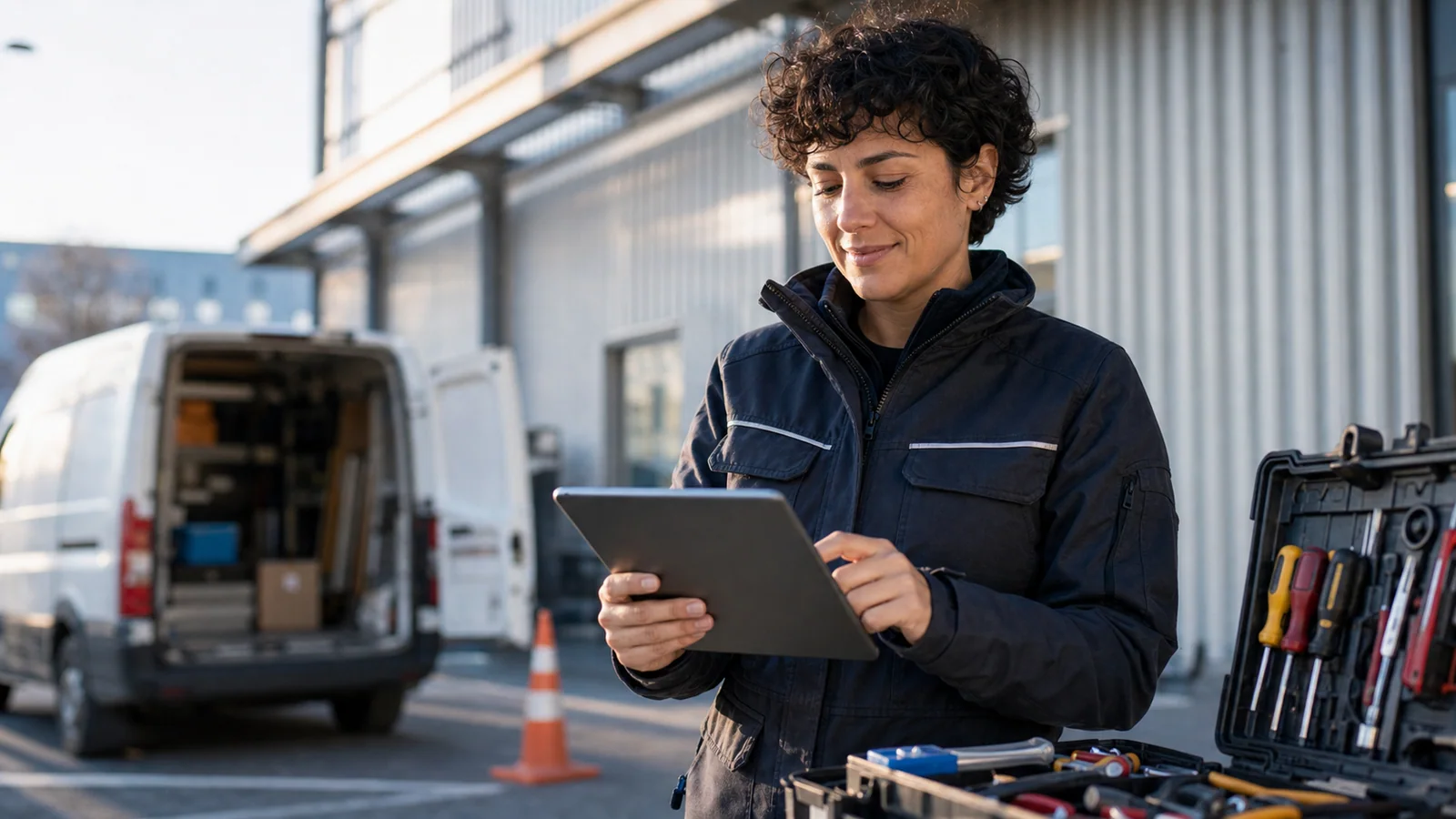 Tecnico con tablet e furgone dopo un intervento cliente